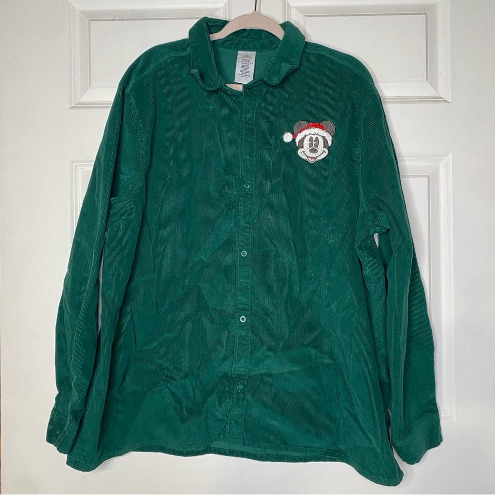 Disney Green Corduroy Embroidered MICKEY MOUSE Long Sleeve Button Up Shirt XXL
